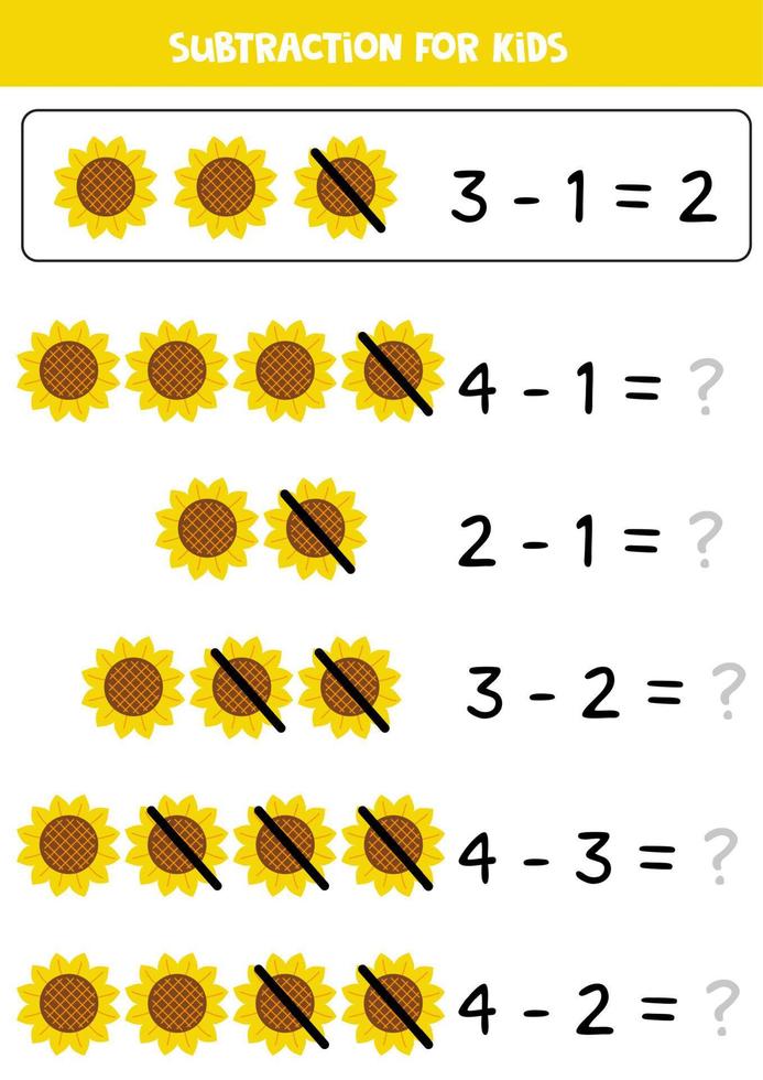 Subtraktion mit gelber Sonnenblume. Mathe-Lernspiel für Kinder. vektor