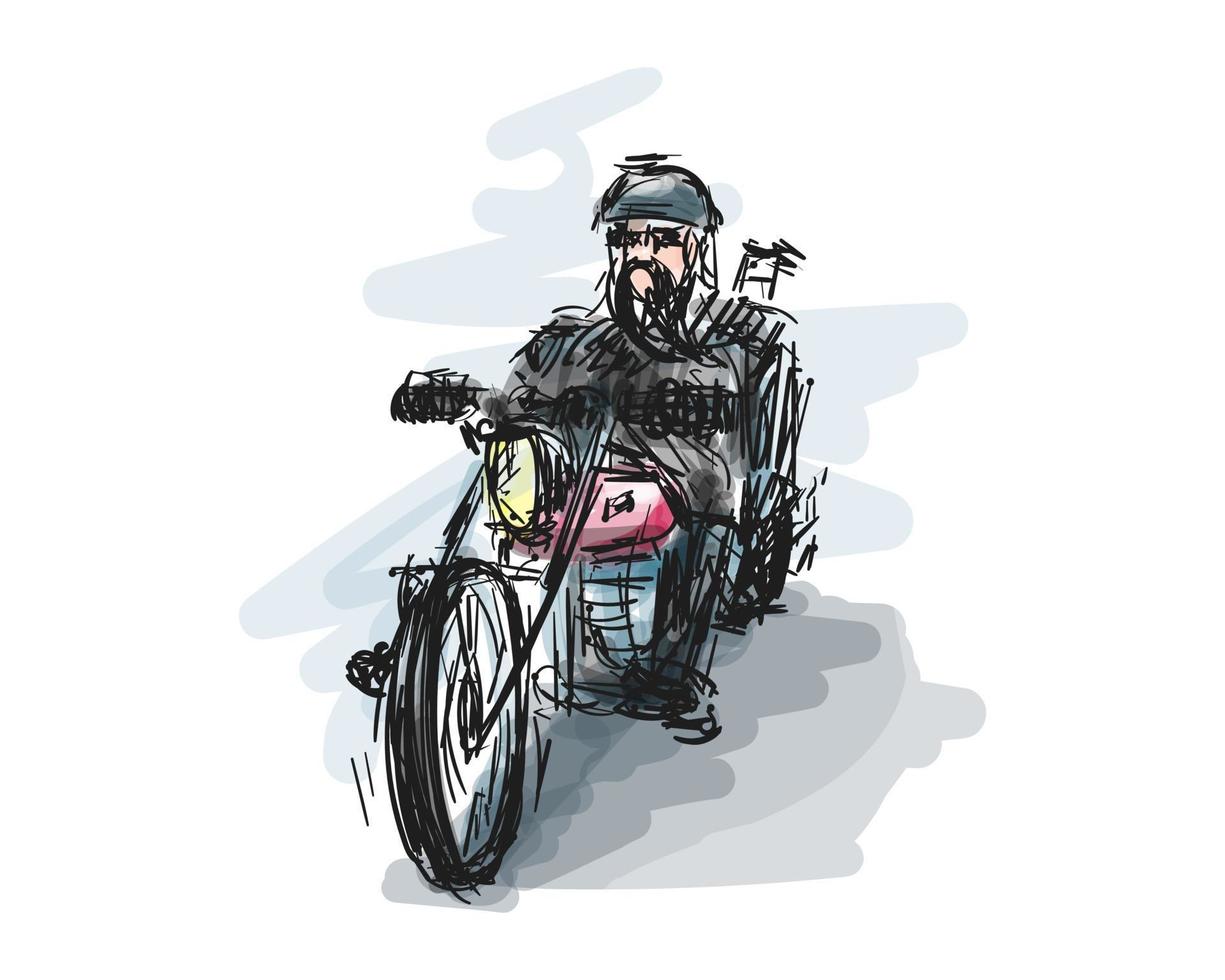 cyklist motorcykel med kraftfull motor på hastighet väg. snabb moto vektor illustration. hand dragen måla konst för skriva ut mall.