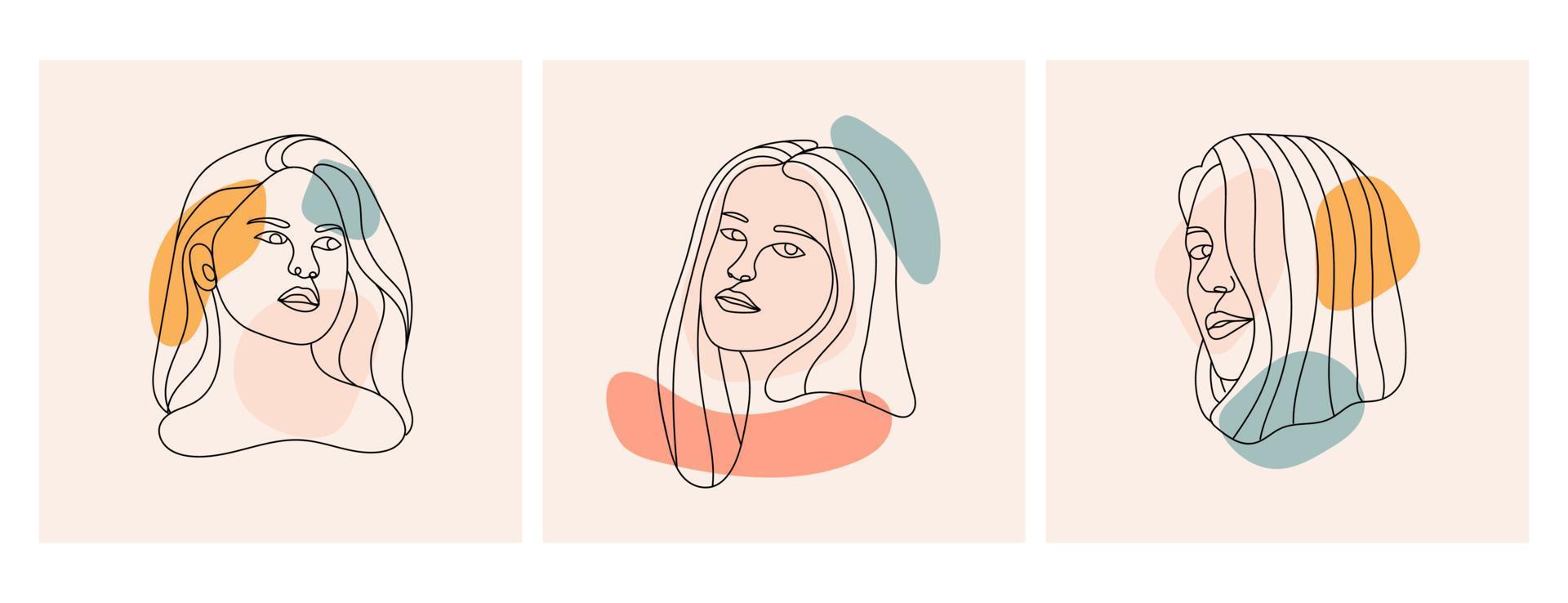 vektor illustration av abstrakt kvinnas ansikte i hand dragen med svart rader och trendig abstrakt former. använder sig av pastell färger