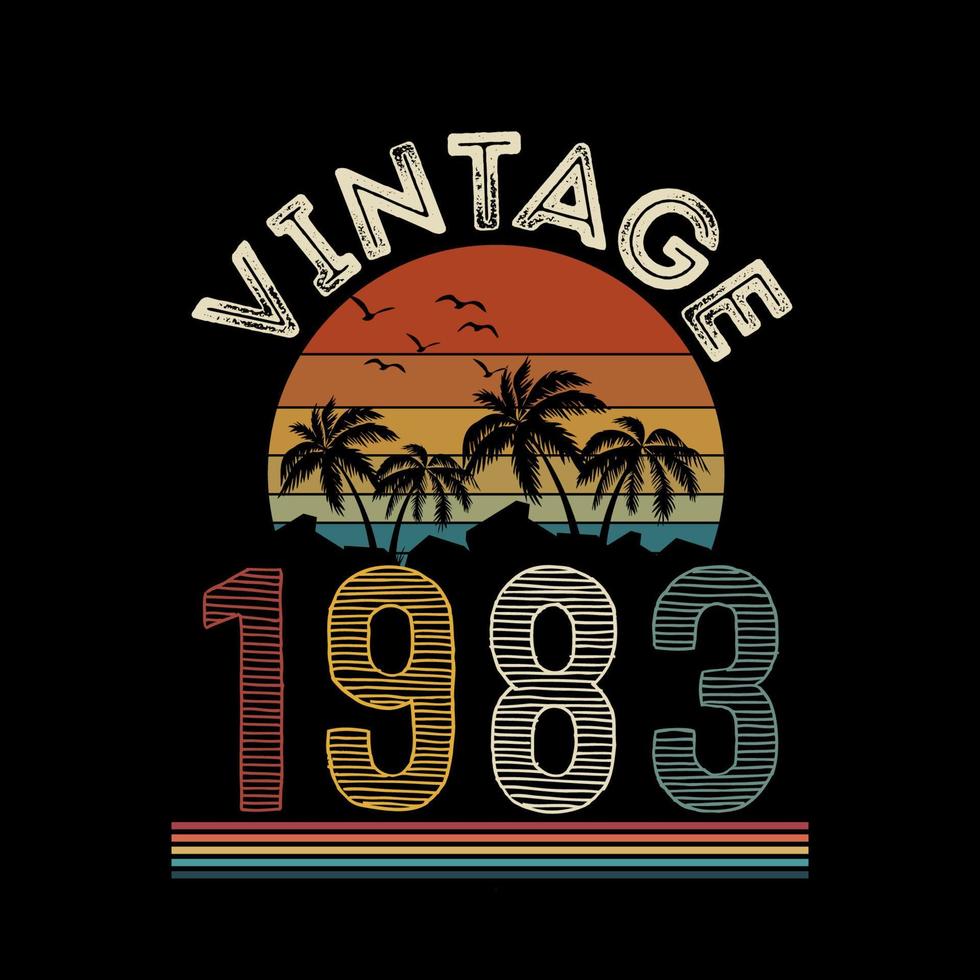 1983 vintage retro t-shirt design, vektor, svart bakgrund vektor