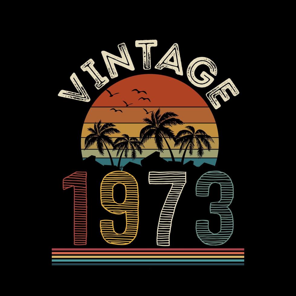 1973 vintage retro t-shirt design, vektor, svart bakgrund vektor