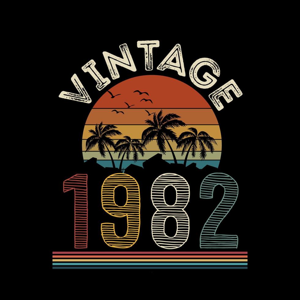 1982 vintage retro t-shirt design, vektor, svart bakgrund vektor