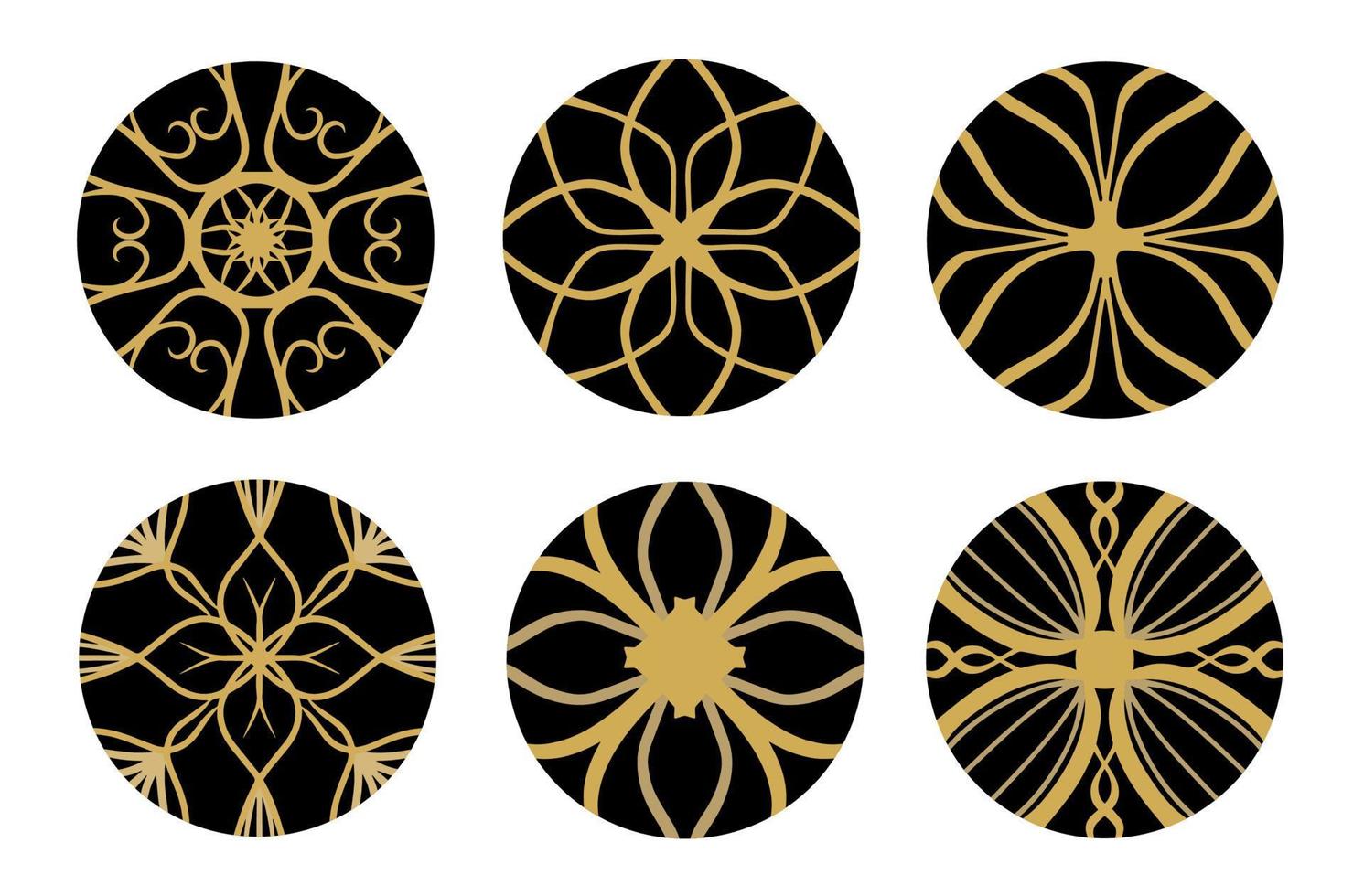 Set aus goldenen geometrischen und handgezeichneten Ornamenten mit Stammesform in schwarzen Kreisen. entworfen in ikat, boho, aztec, folk, motiv, gypsy und arabischem stil. Elemente für Ihr Design. Vektor-Illustration. vektor