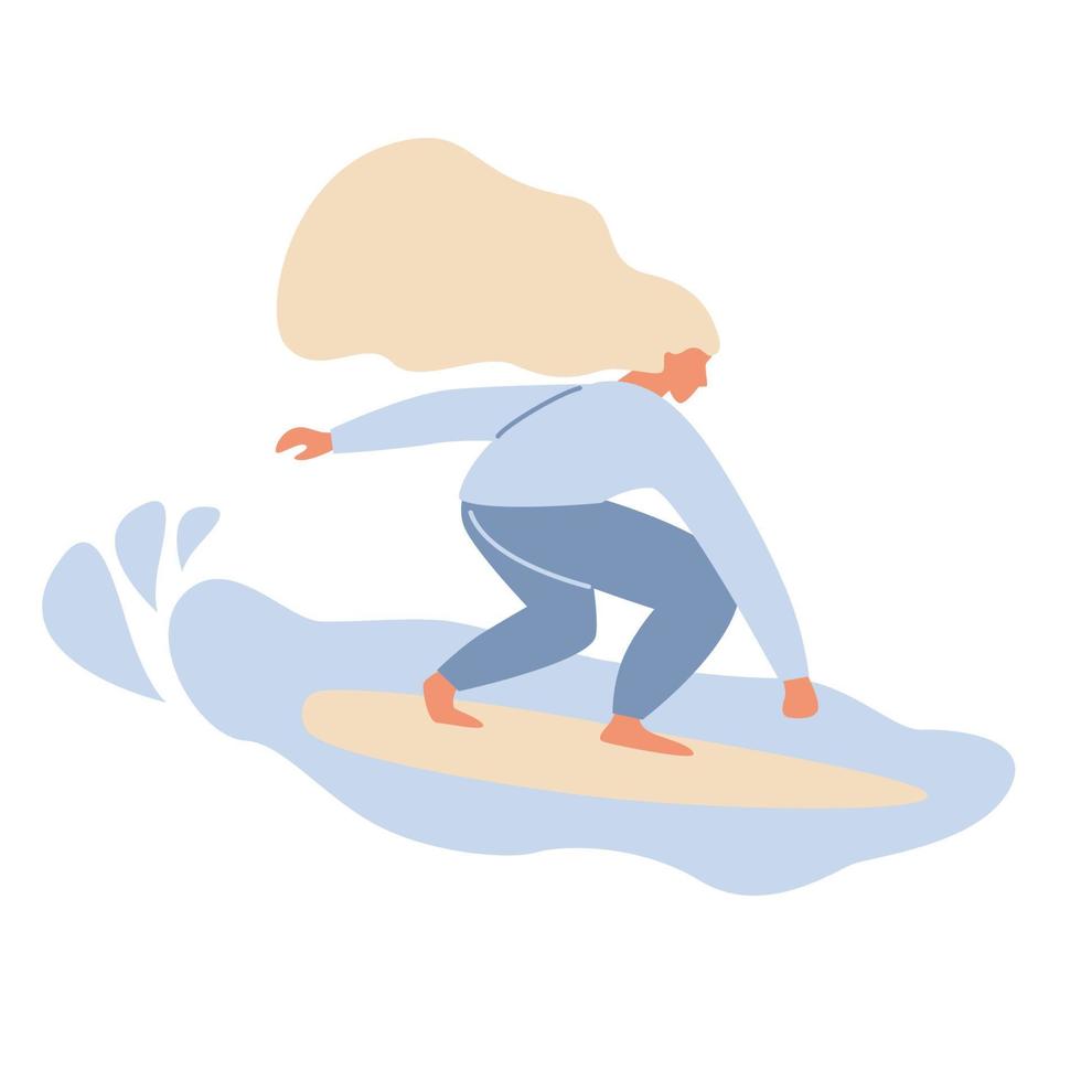 flicka surfare karaktär i baddräkt ridning på hav Vinka. sommar vatten sport med surfbräda, surfing klubb eller skola, aktiva hobby vektor illustration