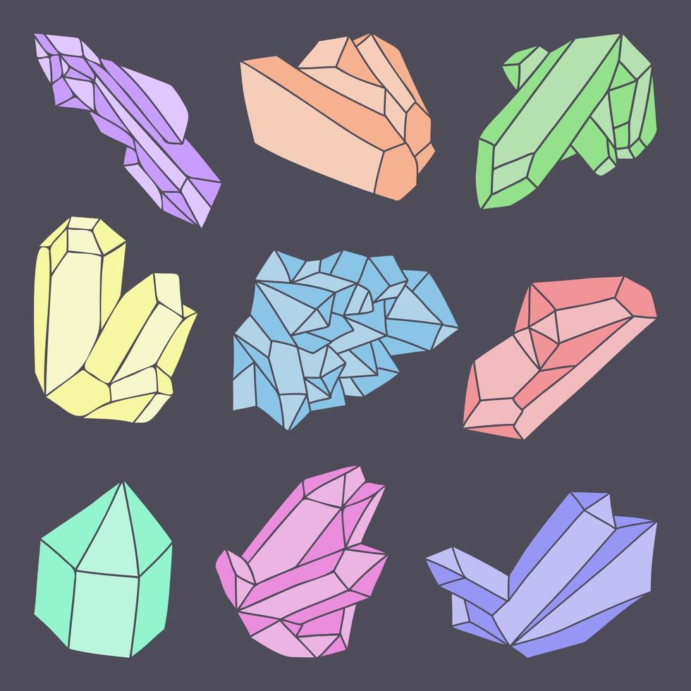 uppsättning av Färg kristaller hand dragen klotter av ruter, mineraler och Ädelsten vektor illustration