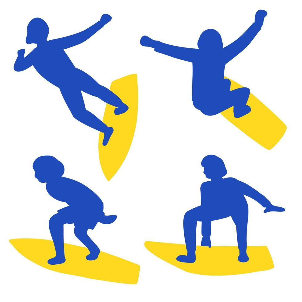 uppsättning av surfare silhuetter i gul blå färger vektor illustration