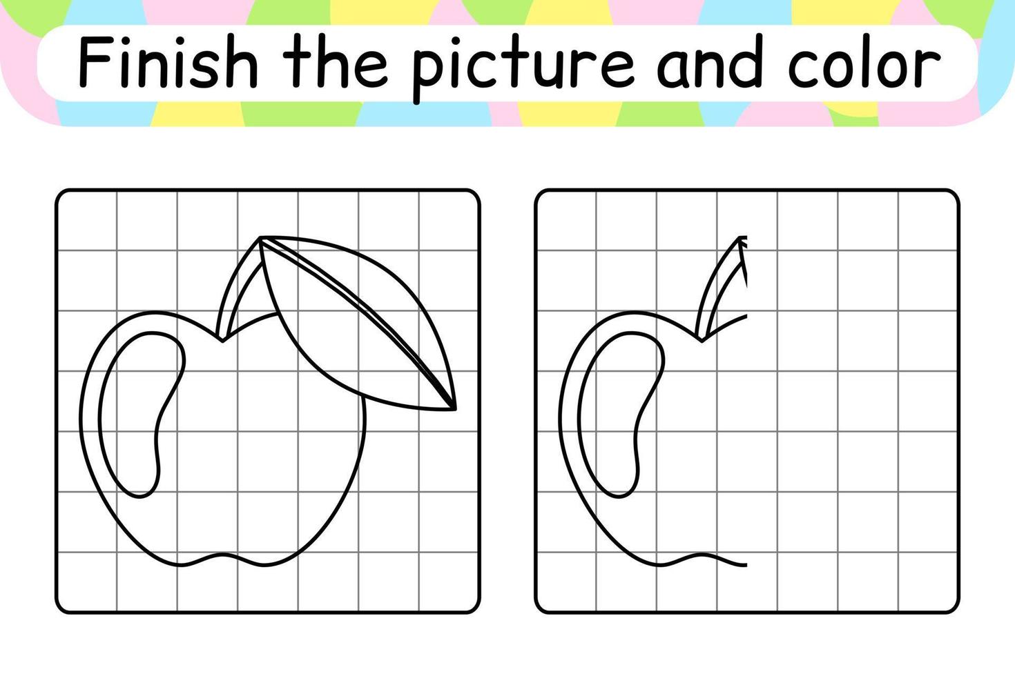 Vervollständigen Sie das Bild Apfel. Kopieren Sie das Bild und die Farbe. beende das Bild. Malbuch. pädagogisches Zeichenübungsspiel für Kinder vektor