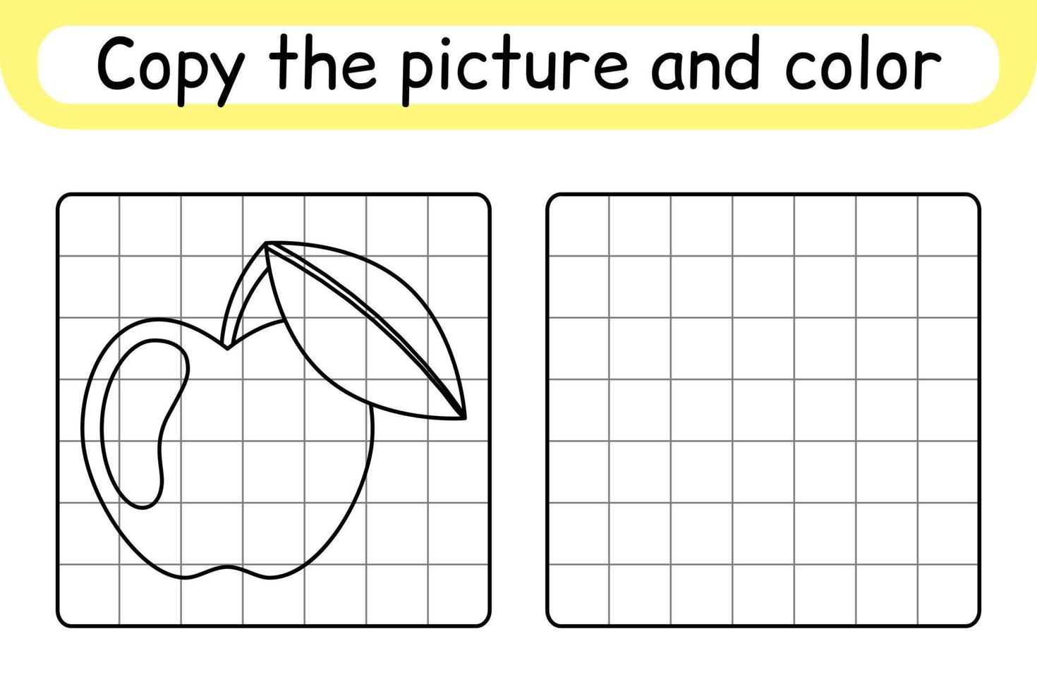 Kopiere das Bild und male den Apfel aus. runden das Bild ab. beende das Bild. Malbuch. pädagogisches Zeichenübungsspiel für Kinder vektor