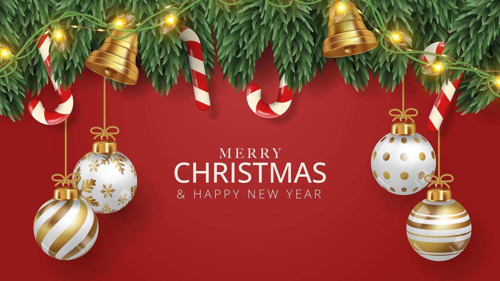 glad jul affisch bakgrund med jul träd gren, jul bollar, godis och klockor. vektor illustration