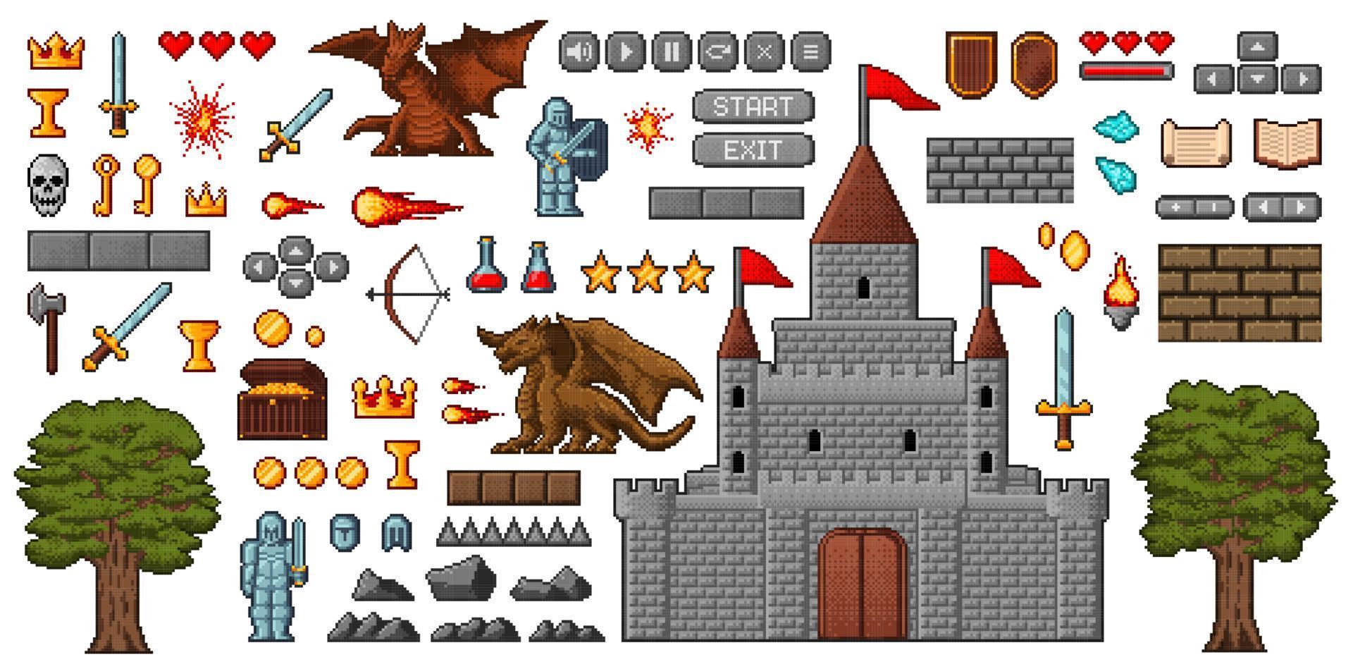 8-Bit-Pixel-Art-Spielsymbole, mittelalterlicher Ritter, Drache vektor