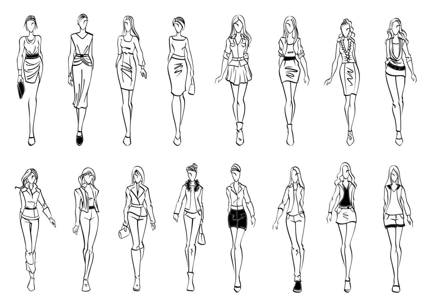 Modemodelle zeigen Alltagsoutfits, skizzieren Ikonen vektor