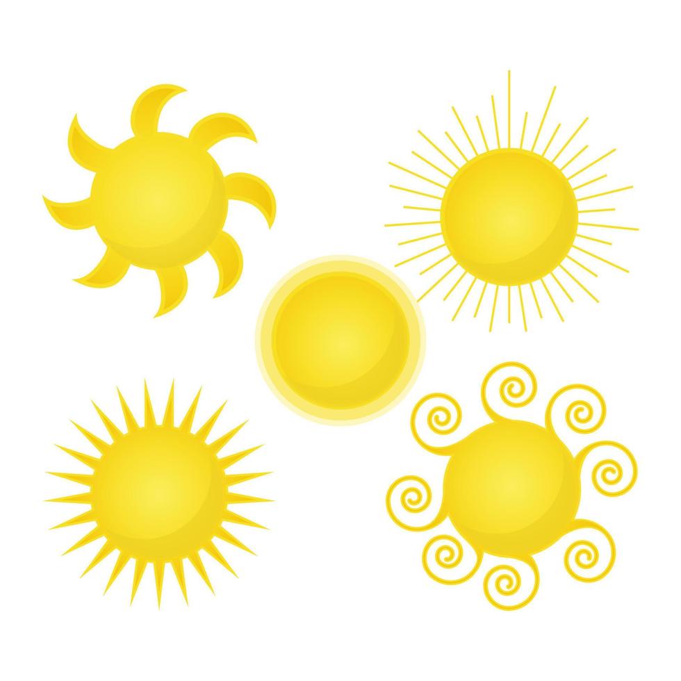 Sonne Vektor isoliert Sommer-Icon-Set-Design. Vektor gelbes Sonnensymbol