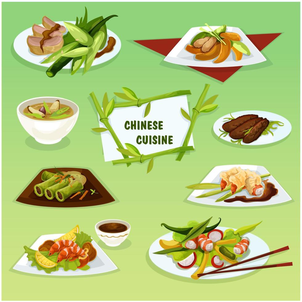 ikone der chinesischen küche mit meeresfrüchten und fleischgerichten vektor