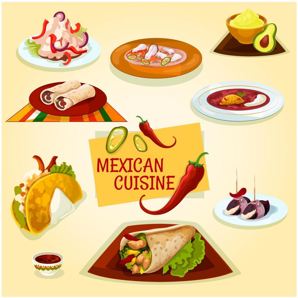 mexikanische küche taco, burrito und tortilla-ikone vektor