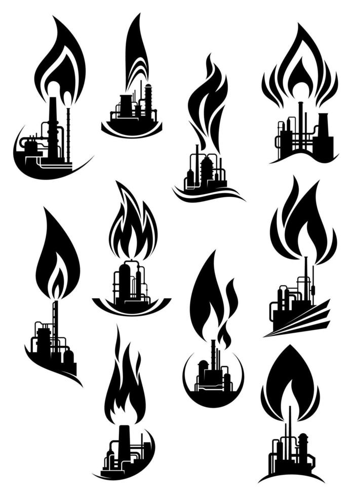 olja och gas fabriker svart ikoner vektor