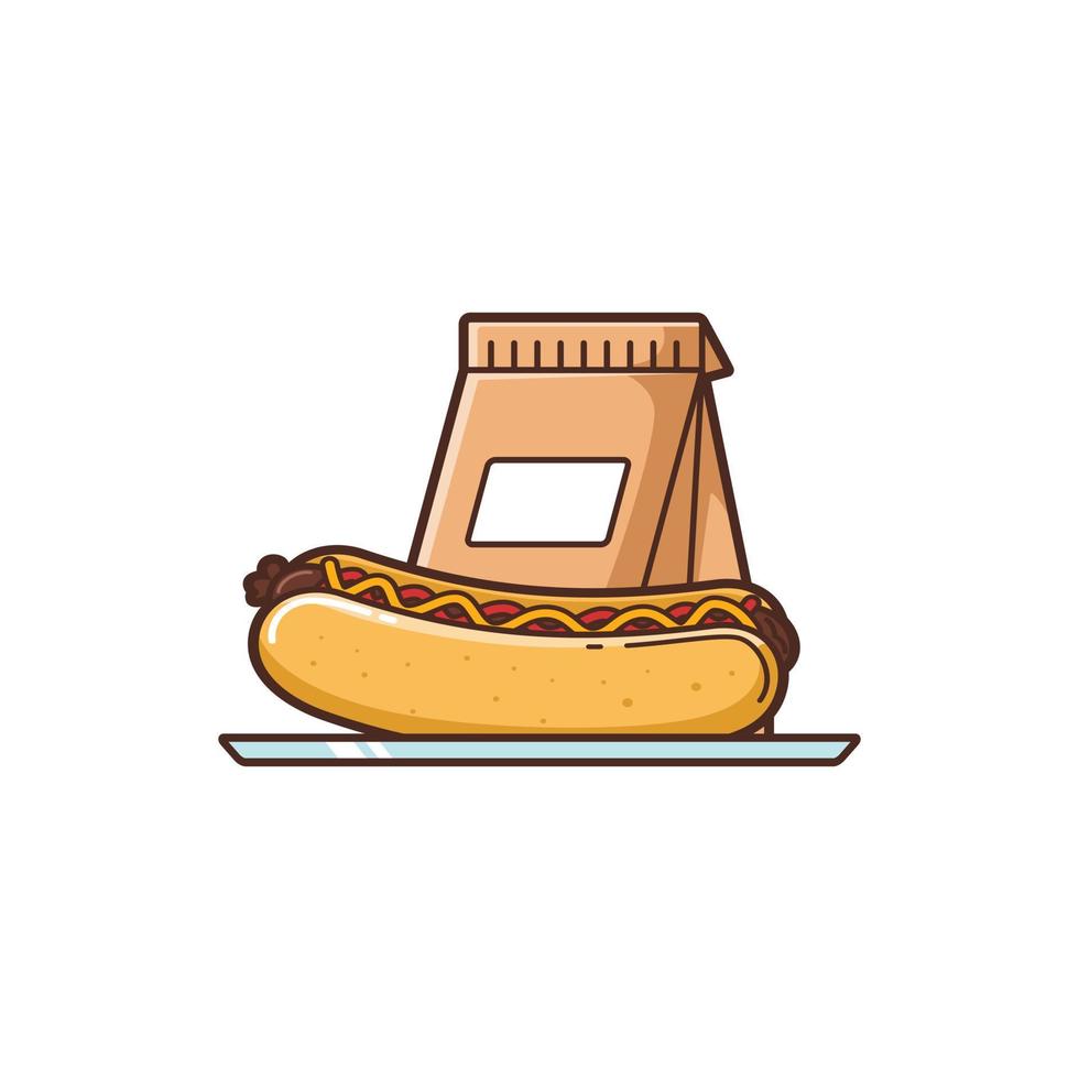 Illustration von Hot-Dog-Takeout, Hot-Dog und Lebensmittelbeutel - Vektorgrafik-Design - Lebensmittellogo - Lebensmittelillustration - Fast-Food-Illustration vektor