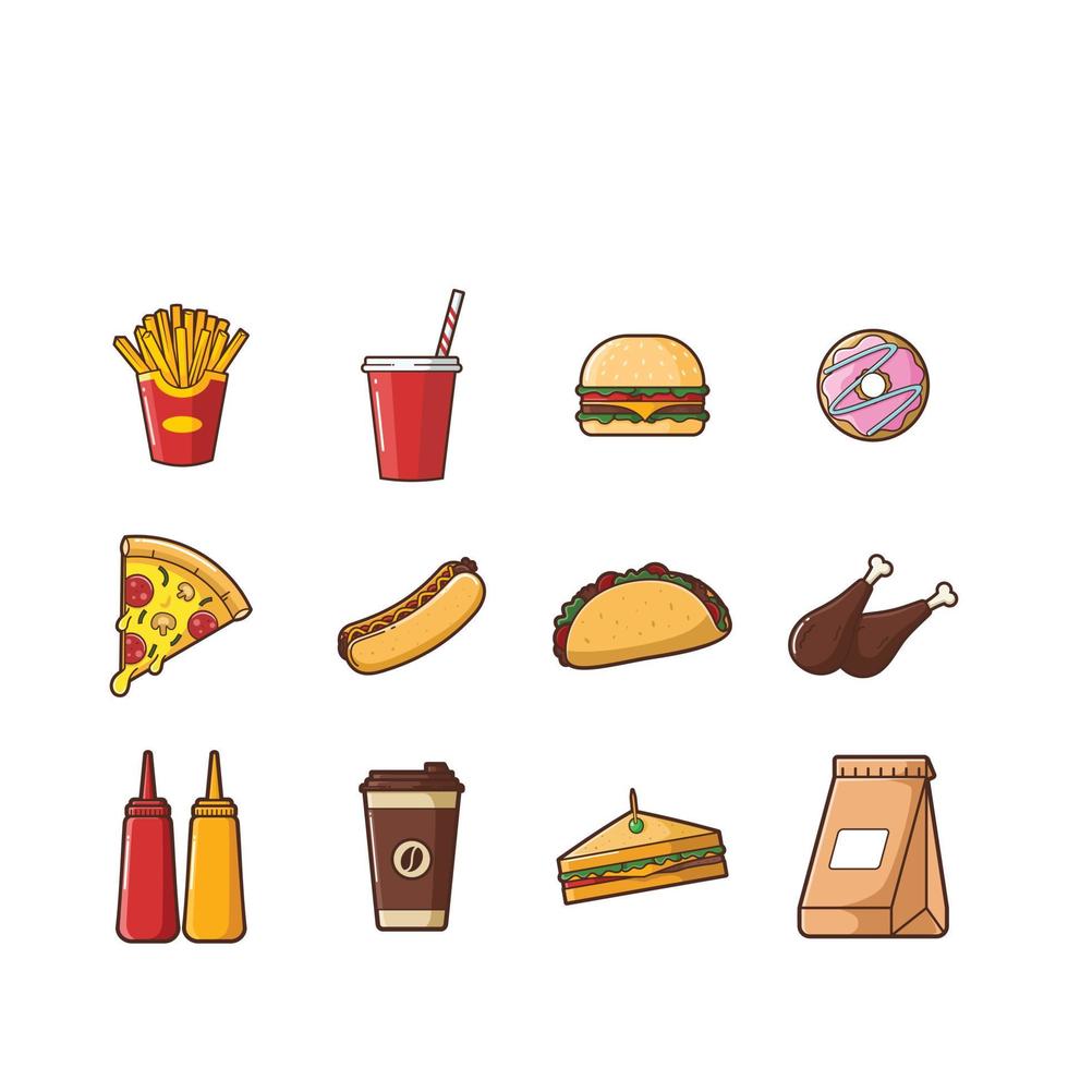 Illustration von Junk Food, Fastfood-Set - Vektorillustrationsdesign - Lebensmittellogo - Lebensmittelvektorillustration vektor
