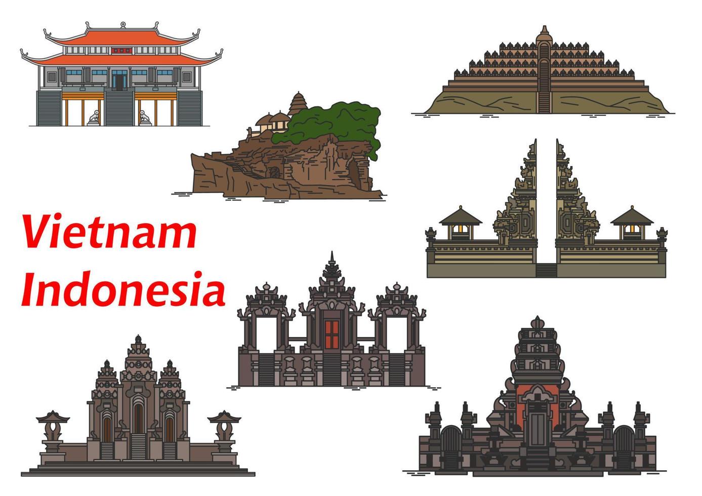 resa landmärken av vietnam och indonesien vektor