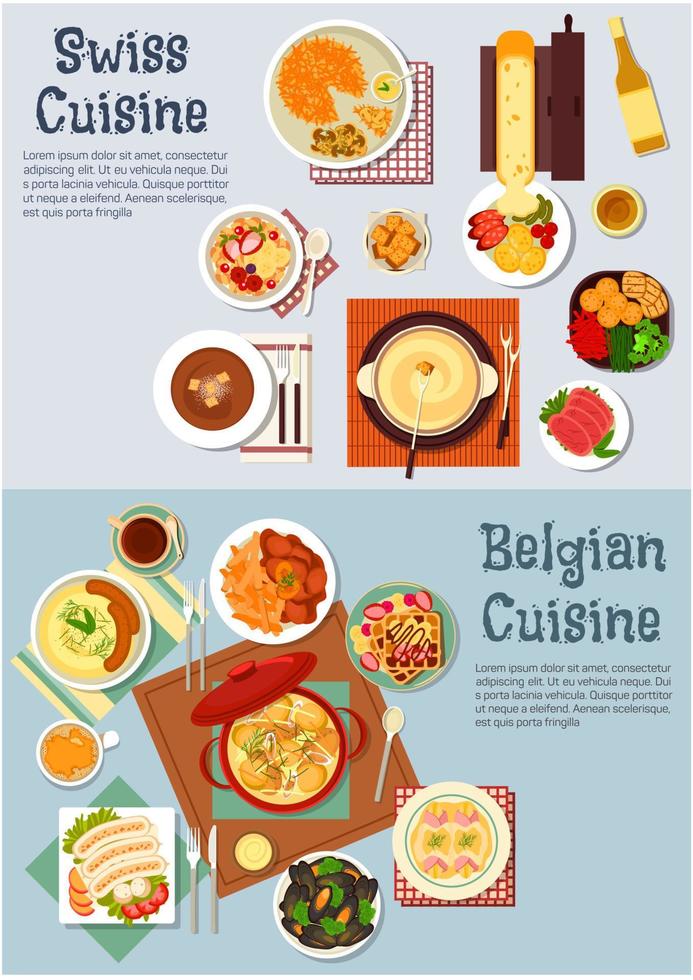 weltweit beliebte gerichte der schweizer, belgischen küche vektor