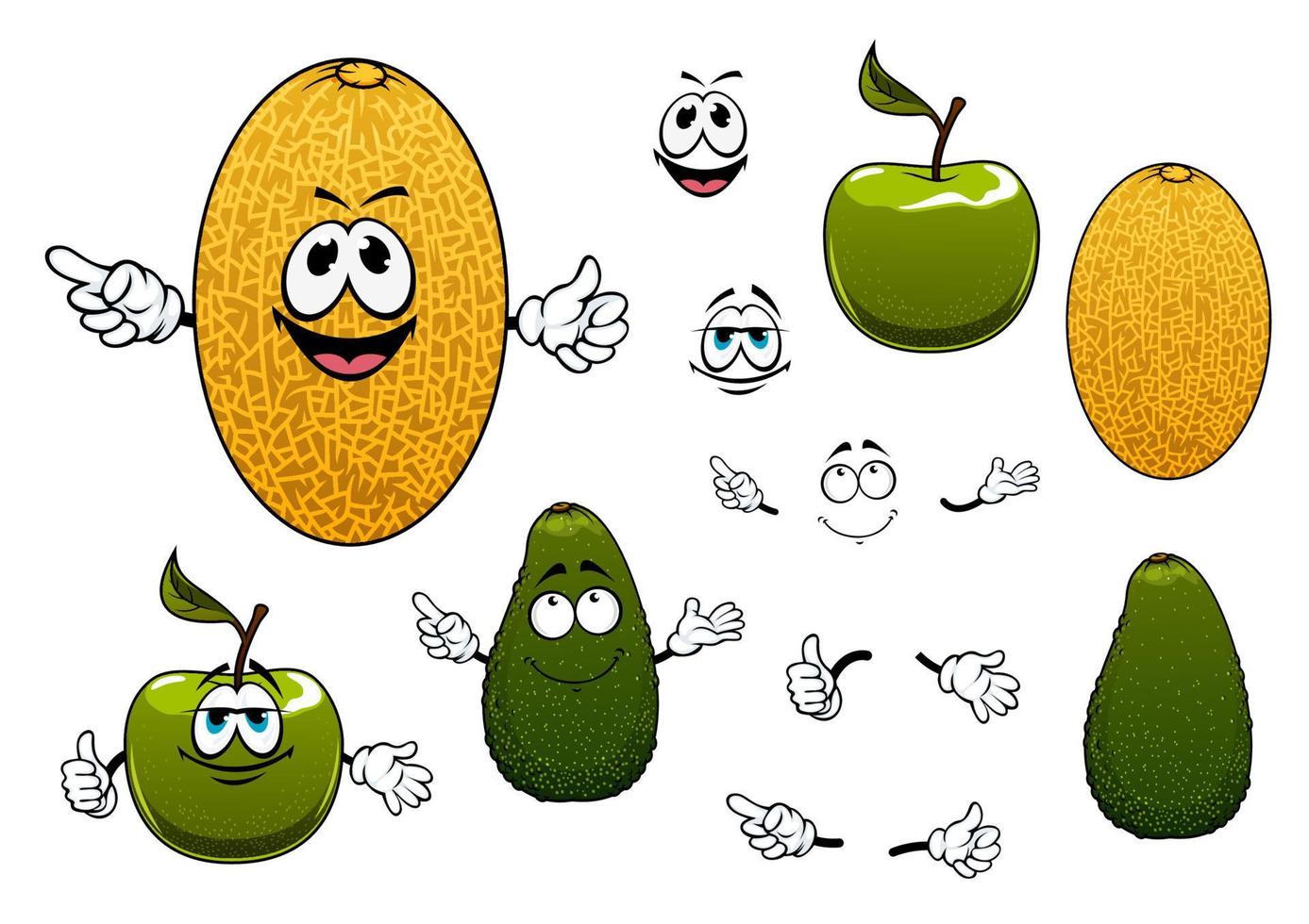 Fröhliche Melonen-, Avocado- und Apfelfrüchte vektor