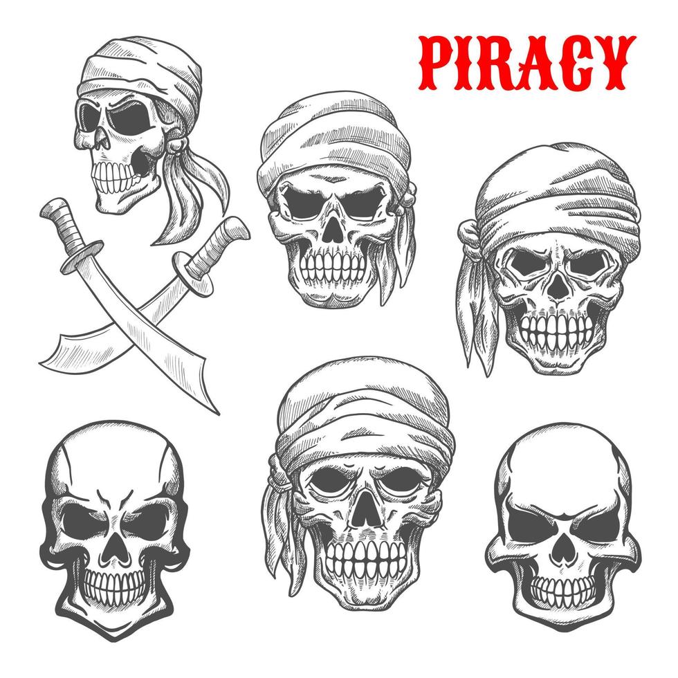 Piraten-Totenköpfe mit gekreuzten Knochen skizzieren Symbole vektor