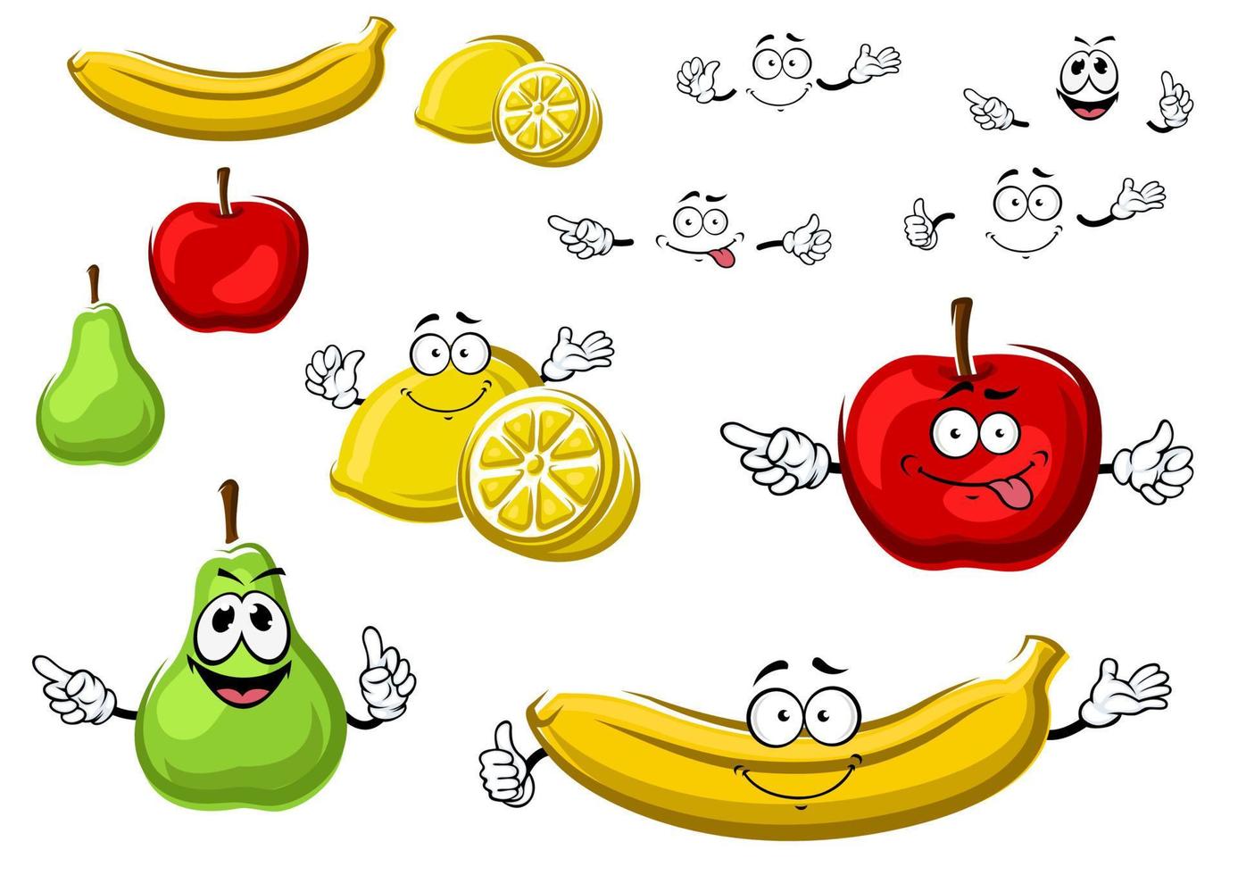 tecknad serie äpple, citron, banan, päron frukt vektor