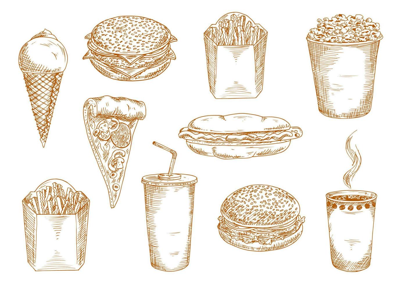 fast-food-gerichte mit getränken und desserts skizzieren vektor