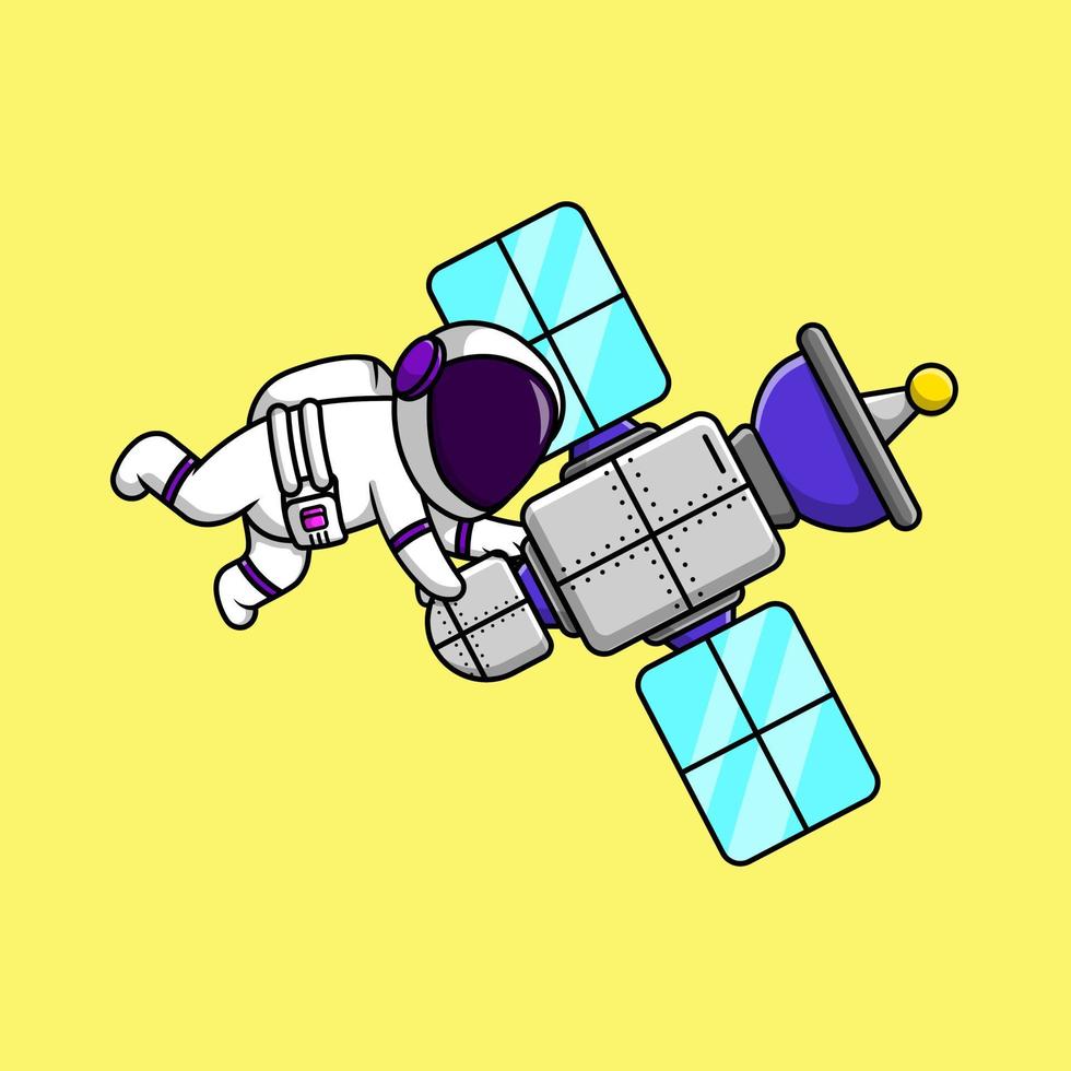 niedlicher astronaut, der mit satelliten-cartoon-vektor-symbol-illustration schwimmt. flaches karikaturkonzept vektor