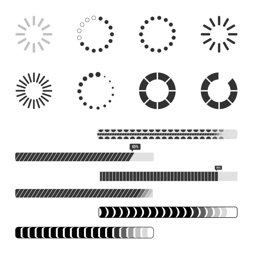 Reihe von Symbolen zum Laden von Vektoren. Fortschrittsanzeiger für Ladebalken isolierte Zeichensymbol-Vektorillustration für Website und ui. vektor