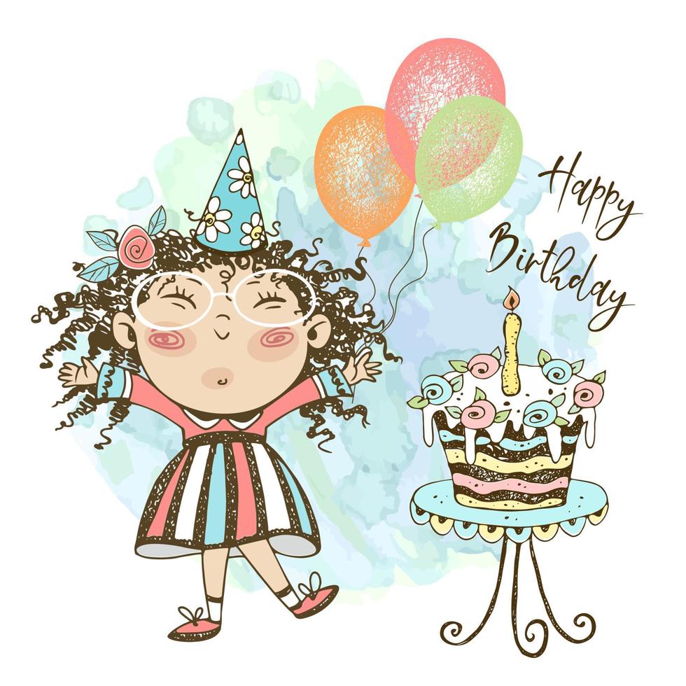en födelsedag kort för en flicka. en söt flicka med ballonger och en kaka firar henne födelsedag. vektor. vektor