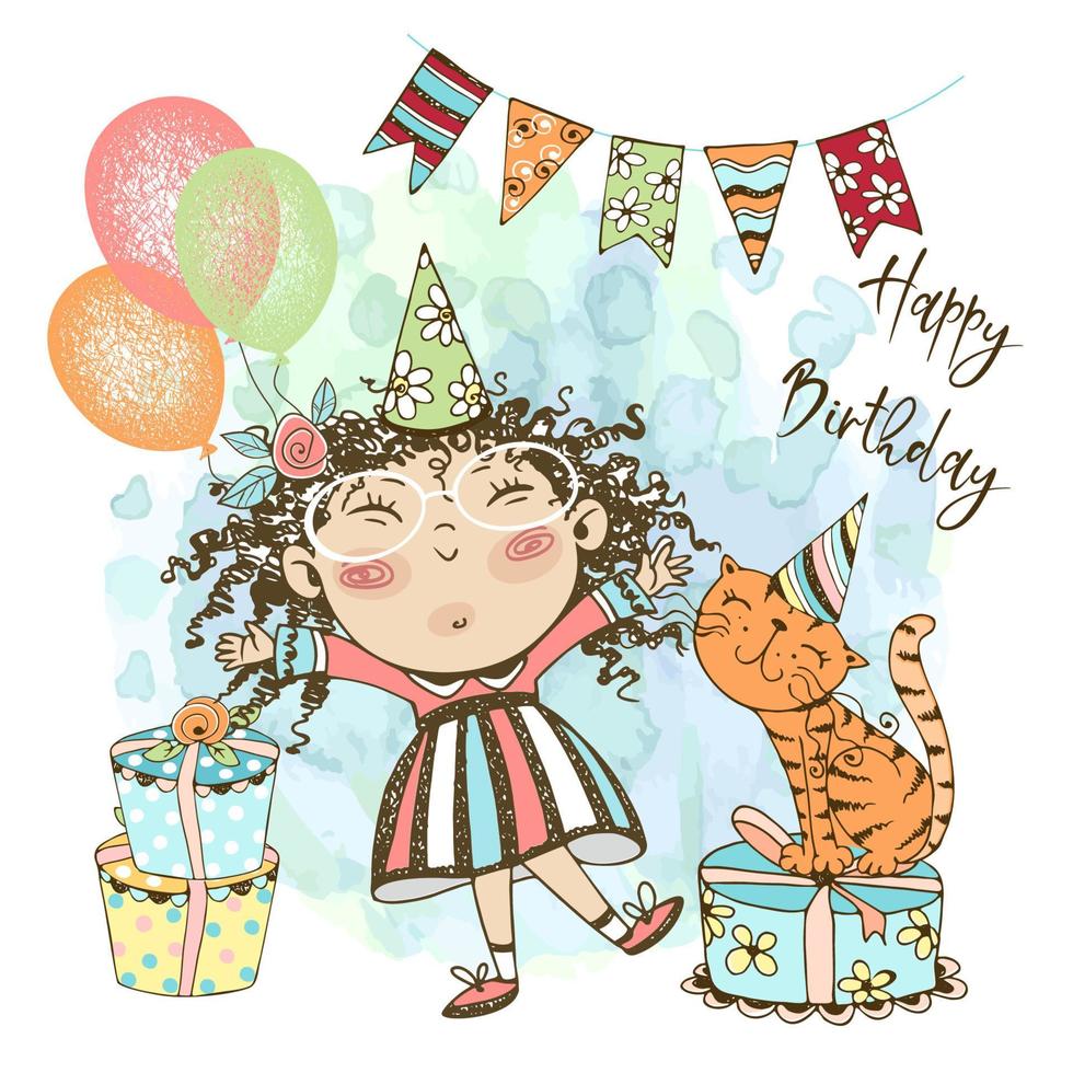 eine Geburtstagskarte für ein Mädchen. ein süßes mädchen mit luftballons und eine süße katze feiern ihren geburtstag. Vektor. vektor