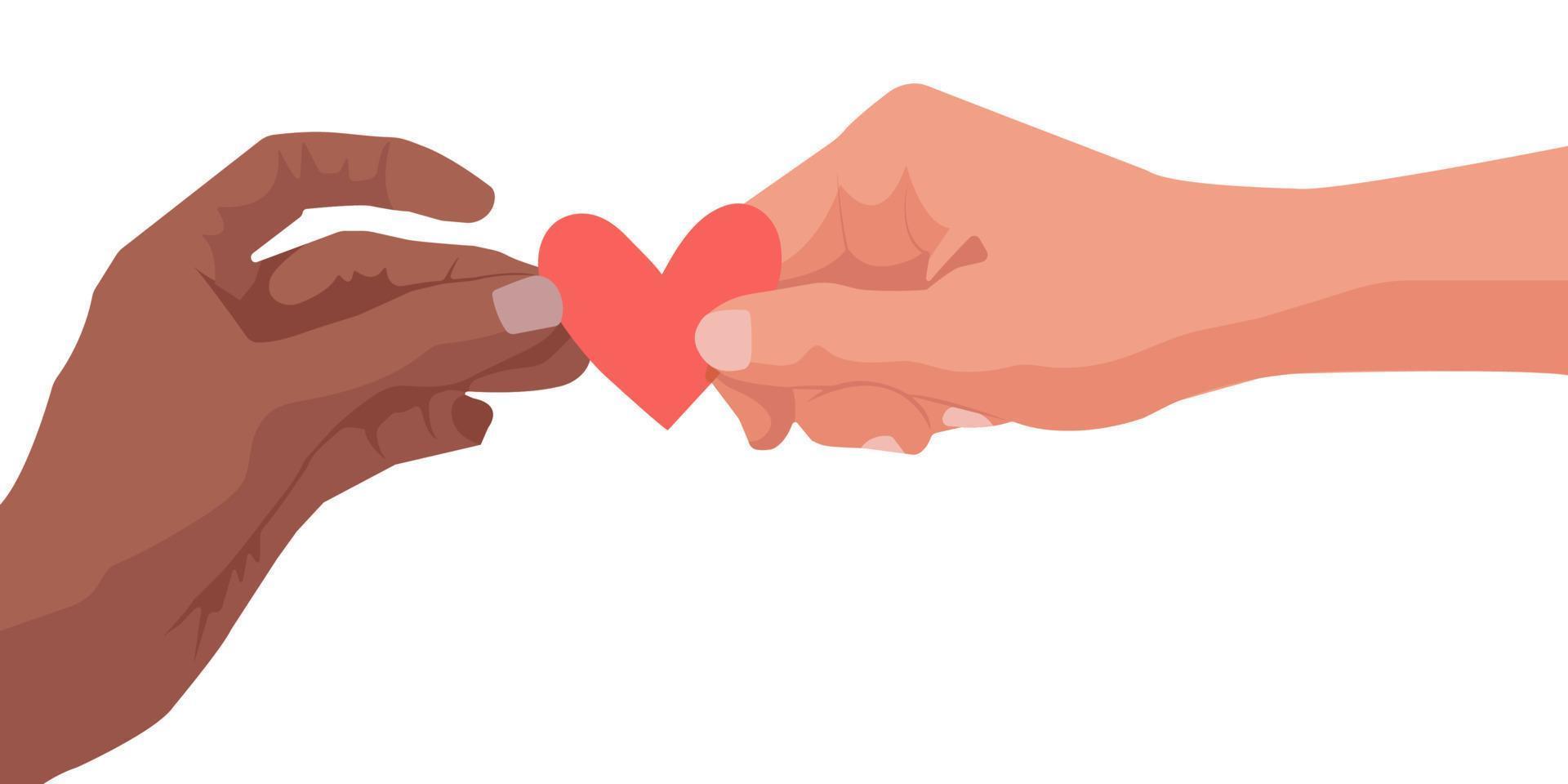 Hände multikultureller Menschen, die ein Herz halten. Geben und teilen Sie Liebe mit Menschen, kümmern Sie sich um Liebe. Vektor-Illustration. vektor