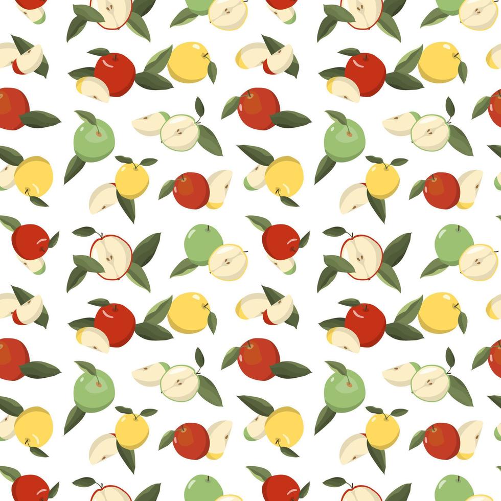 röd, grön och gul äpplen med löv. vektor sömlös mönster. isolerat på en vit bakgrund.