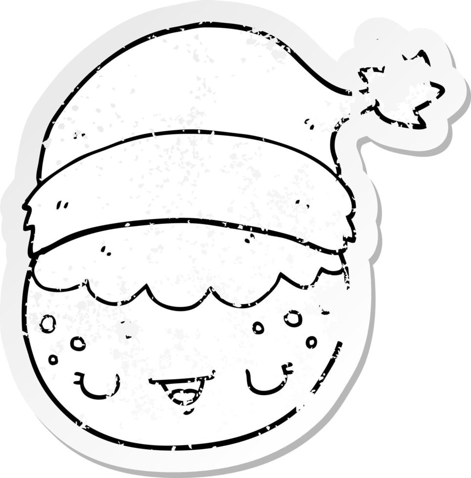 bedrövad klistermärke av en tecknad serie jul pudding bär santa hatt vektor