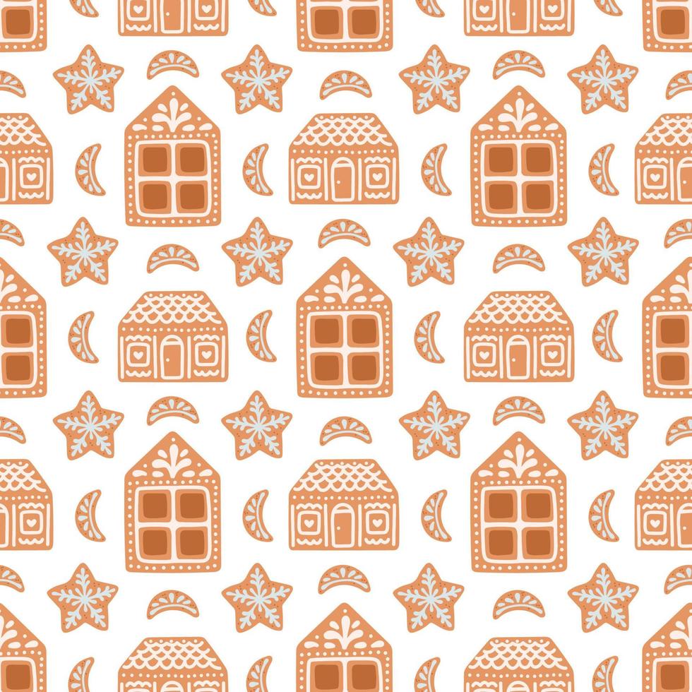 pepparkaka jul sömlös mönster hus småkakor isolerat på vit vektor illustration