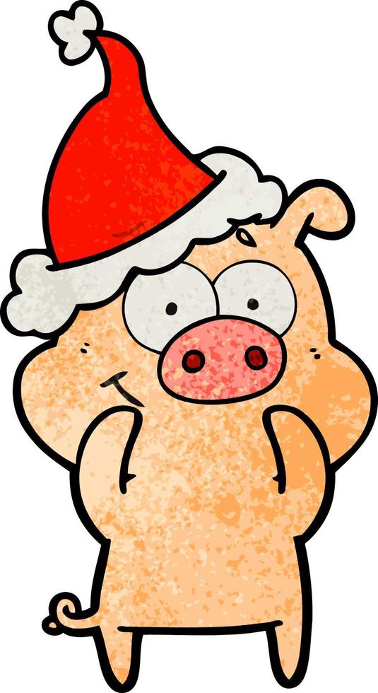 Fröhlicher strukturierter Cartoon eines Schweins mit Weihnachtsmütze vektor