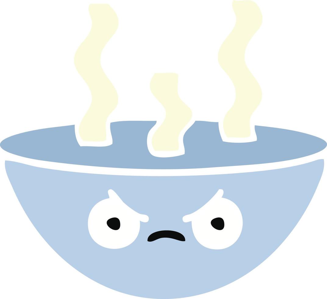 Flache Retro-Cartoon-Schüssel mit heißer Suppe vektor