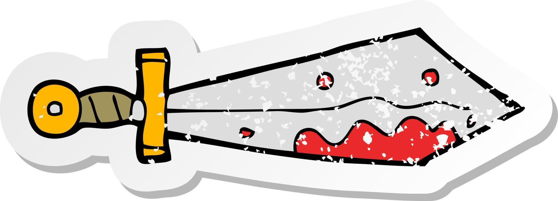 retro nödställda klistermärke av ett tecknat blodigt svärd vektor