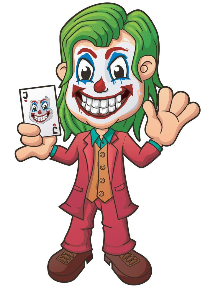 Kind mit Joker-Make-up, winkender Hand und zeigt eine Karte, Clip-Art-Charakter. Vektor-Illustration vektor