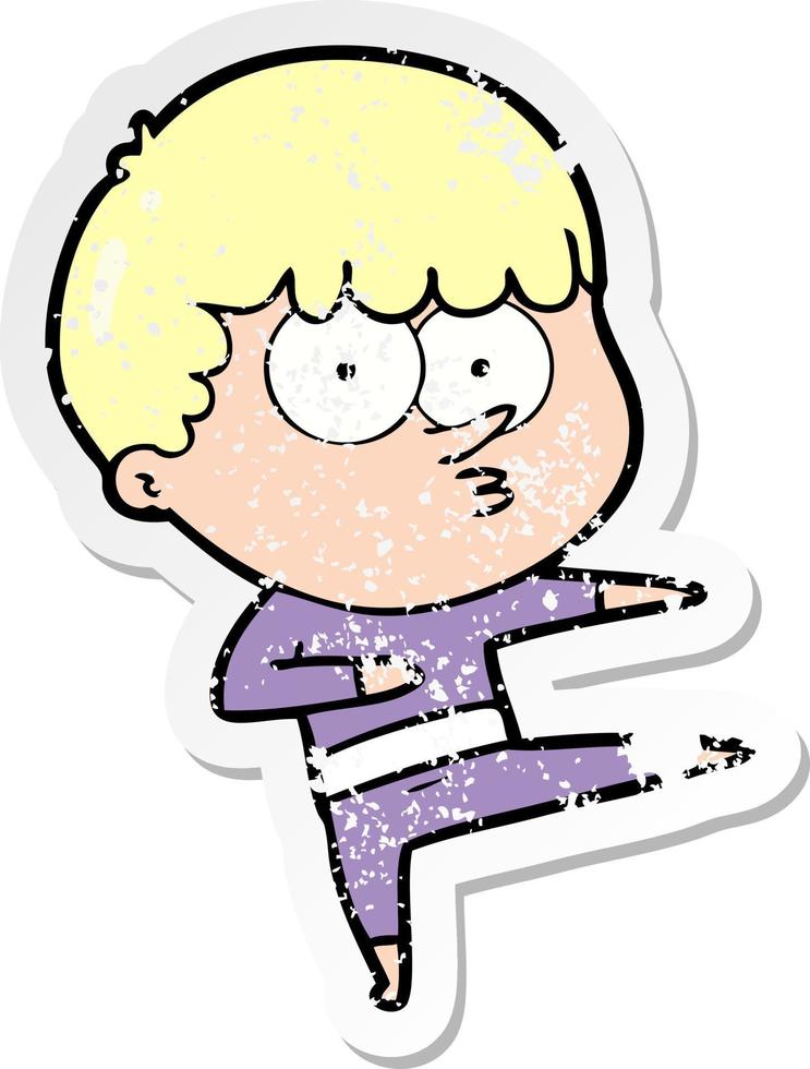 bedrövad klistermärke av en tecknad nyfiken pojke som dansar vektor