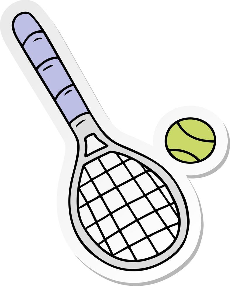 klistermärke tecknad serie klotter tennis racket och boll vektor