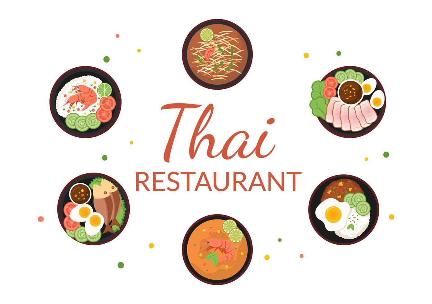 traditionell thailand mat mall tecknad serie hand dragen illustration olika av thai kök design vektor