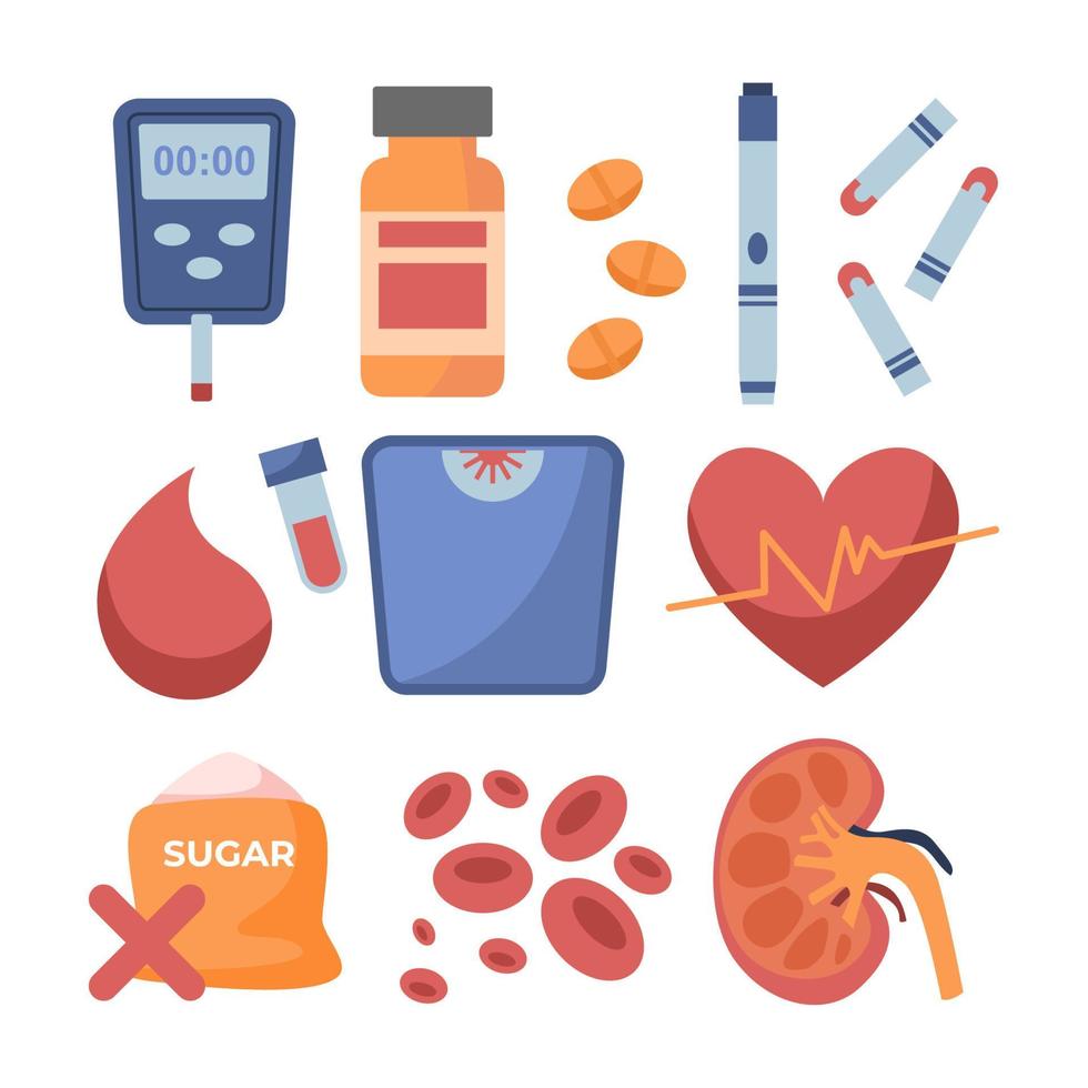 diabetes platt vektor element uppsättning. diabetes Utrustning ikon samling. insulin pump, glukometer, spruta, penna, lansett, testa remsor, insulin, blod, socker, hjärta. begrepp av sjukvård förebyggande