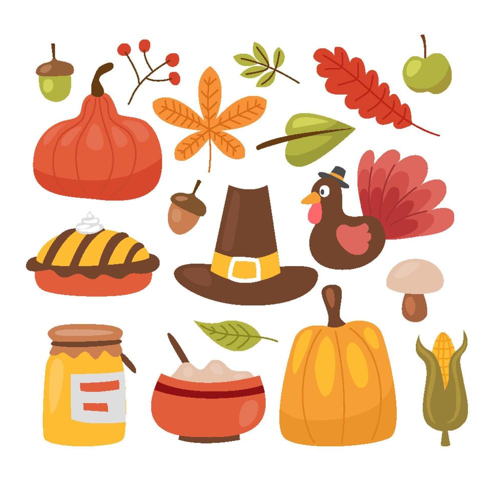tacksägelse dag. vektor element av tacksägelse firande skörda och ikoner. traditionell Kalkon, överflöd horn, pilgrim hatt, pumpa, frukt paj, grönsaker skörda, massor av mat Produkter