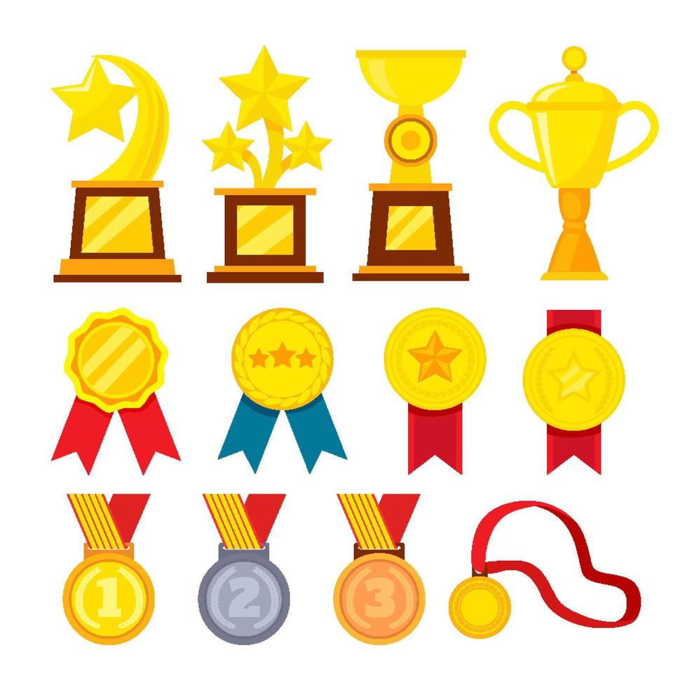 sammlung von goldenen, silbernen und bronzenen medaillen, tassen und abzeichen vector flache illustration. satz trophäe oder auszeichnungen für gewinner isoliert. Symbole für Erfolg, Wertschätzung, Meisterschaft und Triumph