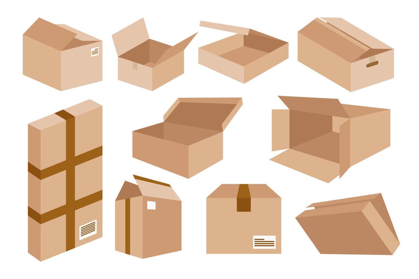 kartong leverans förpackning öppen och stängd låda med ömtålig tecken. kartong låda tömma tecknad serie leverans frakt, motta förpackning distribution vektor