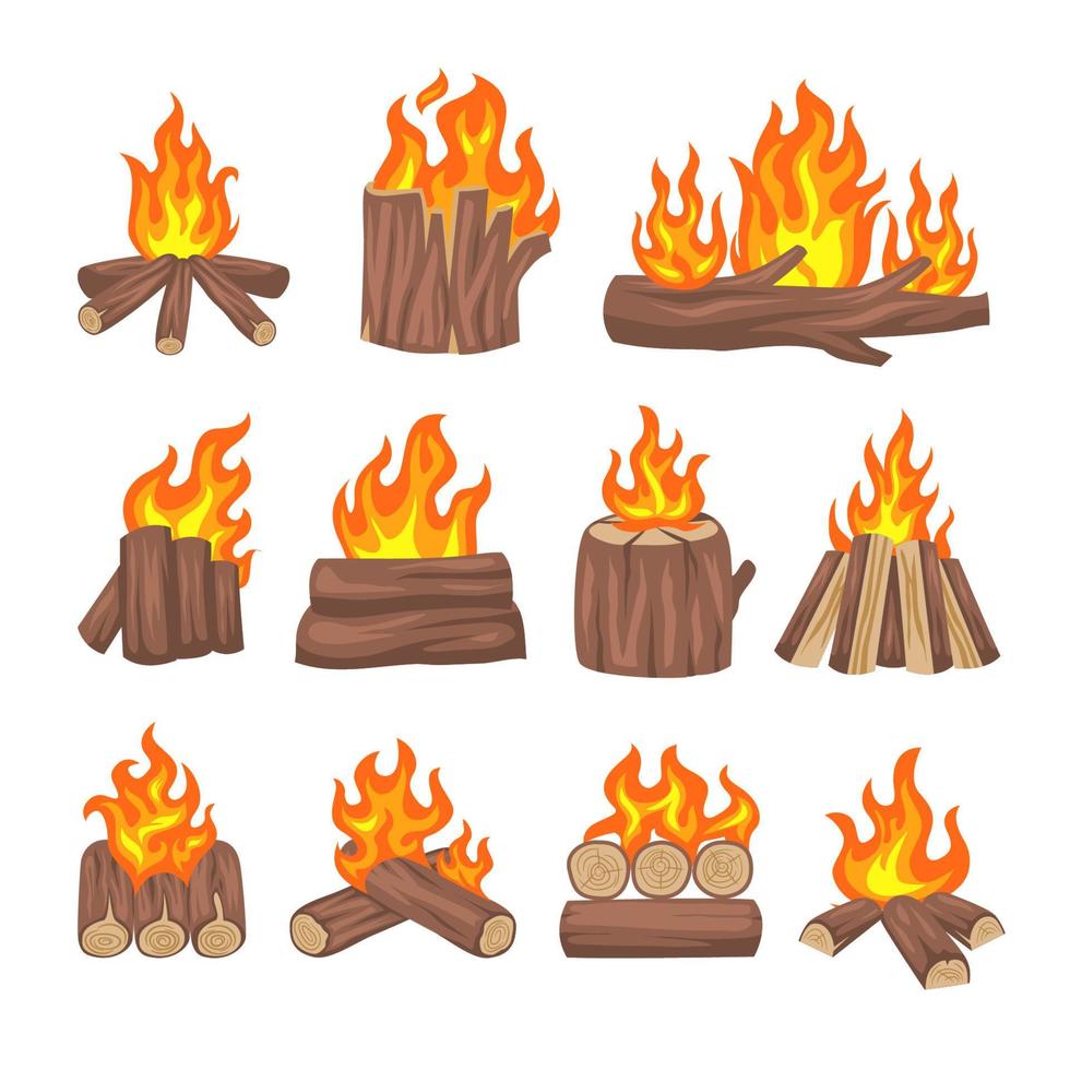 trä lägereld uppsättning, resa och läger brinnande äventyr symbol. eldig lågor, brand bål illustration. vektor