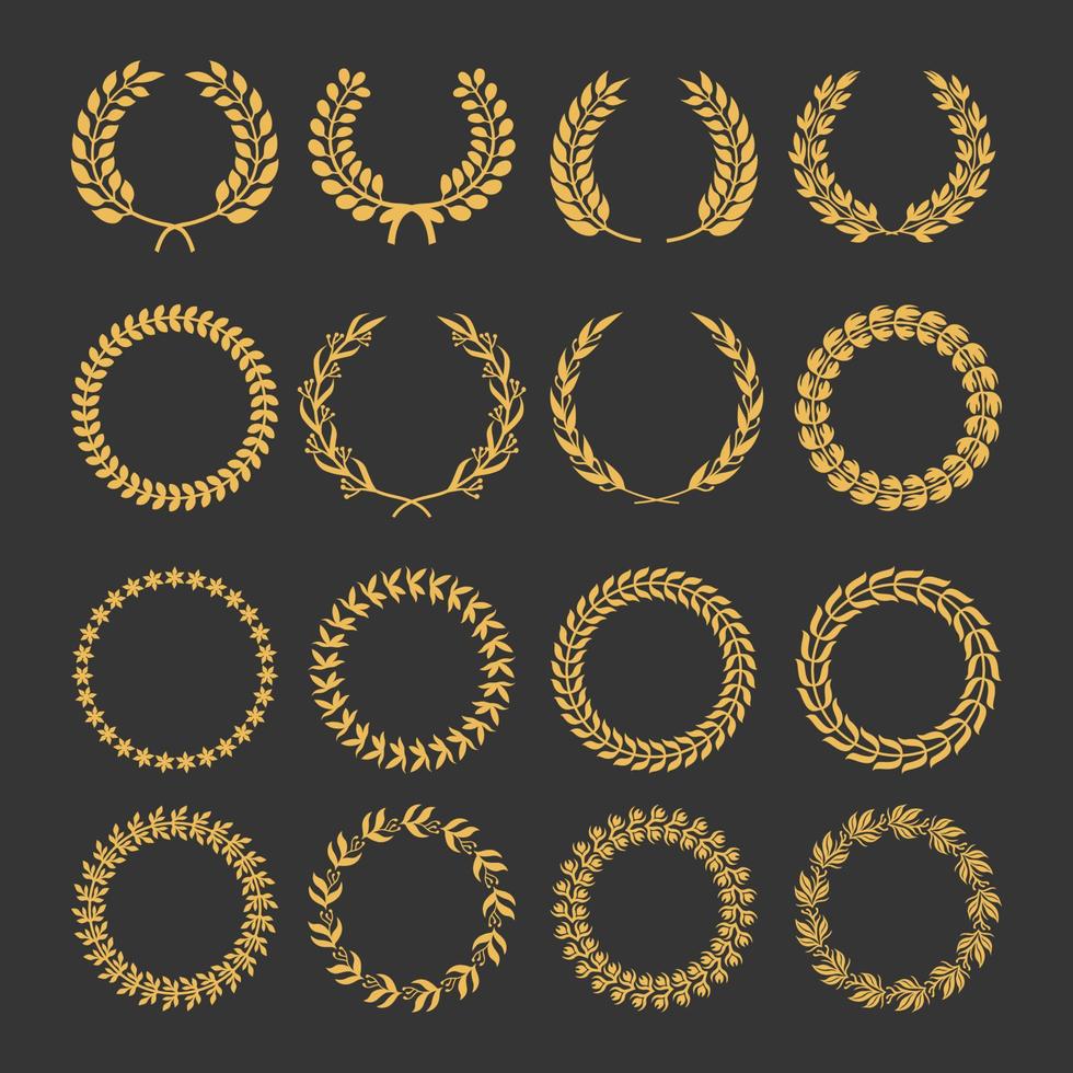 samling av annorlunda gyllene silhuett laurel bladverk, lövverk, löv, vete, ek och oliv kransar skildrar ett tilldela, prestation, heraldik, adel, spel dev. vektor illustration.