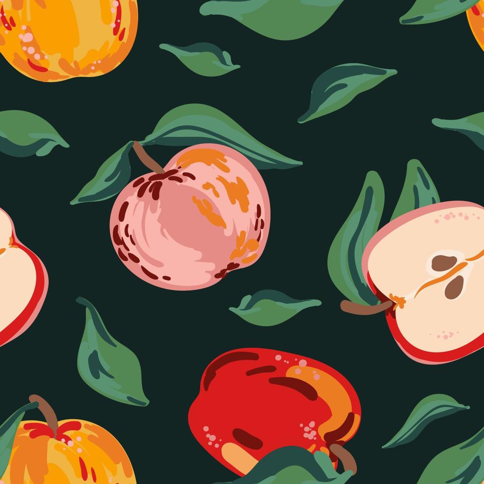 Äpfel und Blätter Vektor nahtloses Muster. rote, gelbe, rosa saftige früchte sommertextur für papier, abdeckung, stoff, geschenkverpackung, wandkunst, innendekoration.