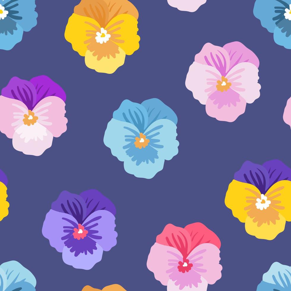 bunte Stiefmütterchenblume, Veilchen, Bratschenvektor nahtloses Muster. blaue, gelbe, lila pflanzenstruktur. Botanisches Design für Mode, Stoffe, Web, Tapeten vektor